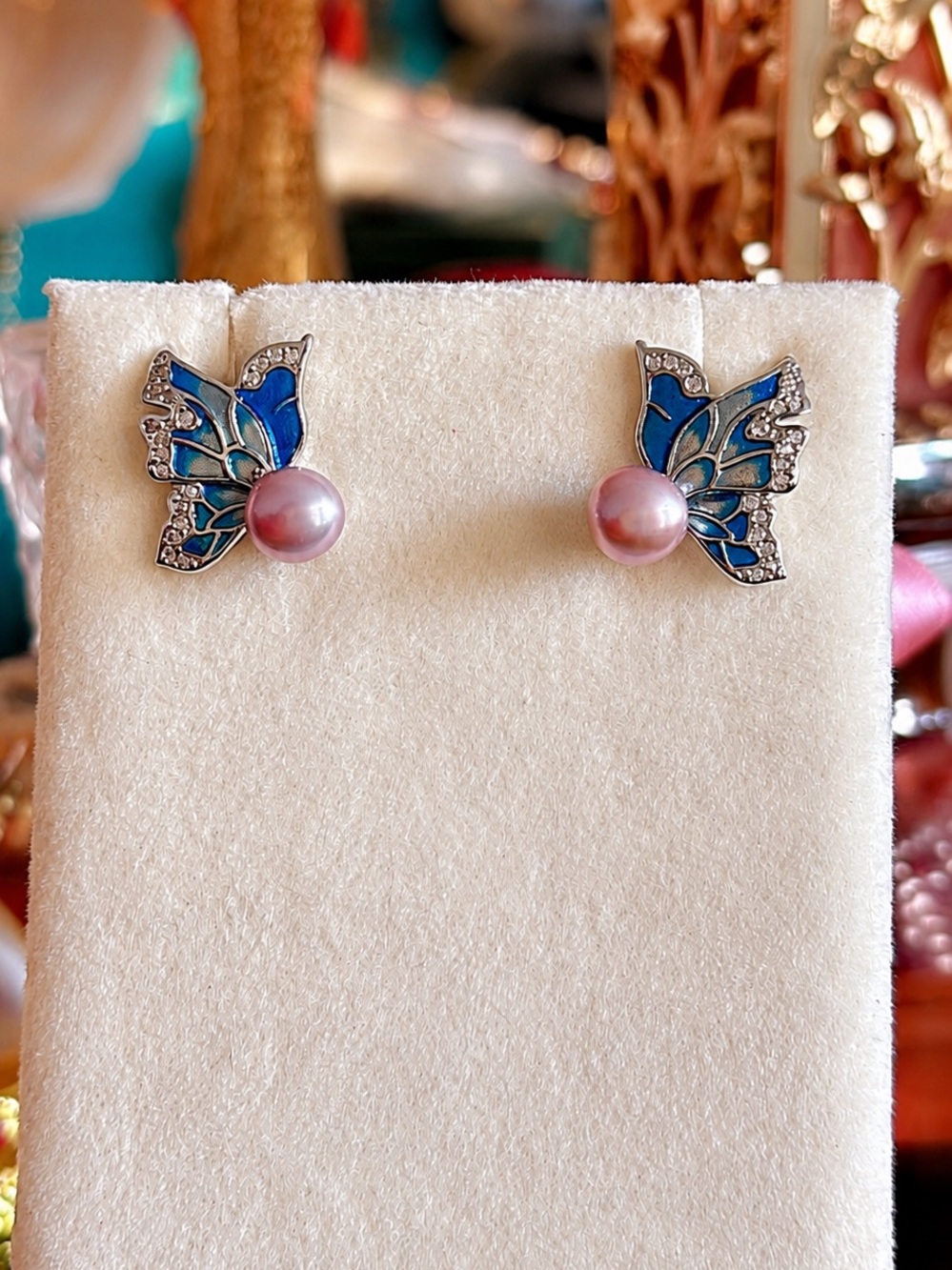 Butterfly Wing Pearl Stud Earrings in Blue and Pink | Enamel